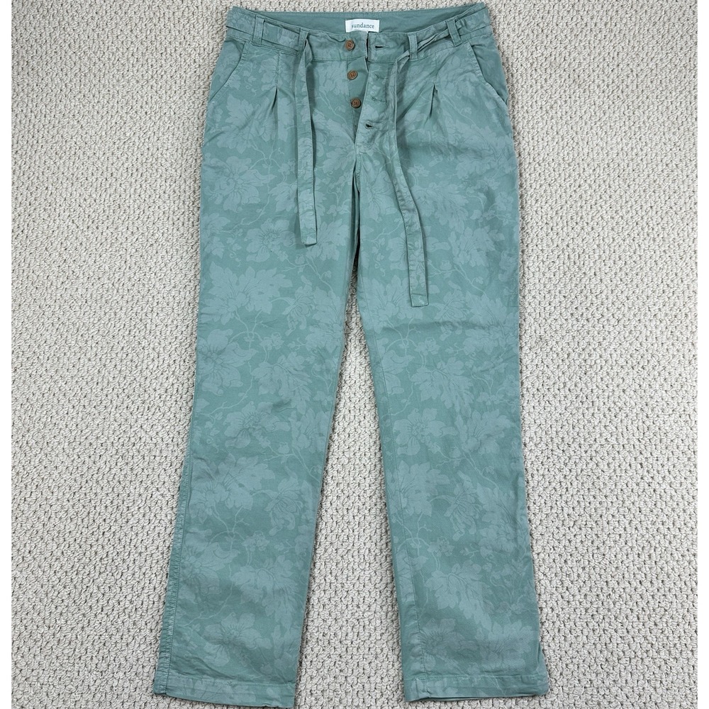 Sundance Pants Womens 8 Green Bastille Easy Floral Jacquard Single Pleat Belted